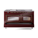 Burgundy dual fuel range with two closed oven doors and brass control knobs