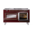 Burgundy dual fuel range with left oven closed and right oven open with racks inside