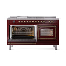 Burgundy dual fuel range with left oven open and right oven closed, racks visible