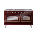 Burgundy dual fuel range front view with two oven windows and brass control knobs