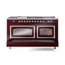 Burgundy dual fuel range with chrome trim; ovens with triple glass doors open