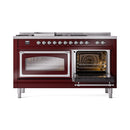 Burgundy dual fuel range with chrome trim; right oven open and left oven with glass door