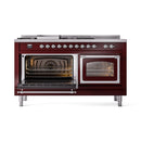 Burgundy dual fuel range with chrome trim; left oven open and right oven with glass door