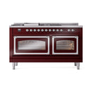Burgundy ILVE dual fuel range front view with two glass oven doors and chrome burner knobs
