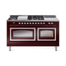 Burgundy ILVE dual fuel range with chrome trim, two oven doors, and front burner knobs