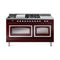 ILVE Nostalgie II Noblesse 60-Inch 5.8 Cu. Ft. Dual Oven Natural Gas Dual Fuel Range with 7 Burners, Griddle, French Top and Triple Glass Door in Burgundy with Chrome Trim (UN60FSNMPBUC)