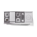 Dual fuel range cooktop layout with burners and French-top sections in chrome and stainless steel