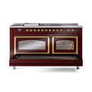 Burgundy dual-oven gas range with two glass doors and brass trim