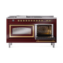 Burgundy dual-oven gas range with one oven door open and brass accents