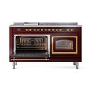 Burgundy dual-oven gas range with both oven doors open and brass-trimmed frame