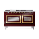 Burgundy dual-fuel range with brass-trimmed double oven doors and center control panel