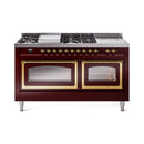 Burgundy dual-fuel range with cooktop burners and two oven windows