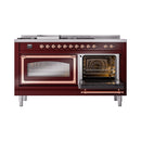 Burgundy dual fuel range with both oven doors open, showing oven interiors and racks