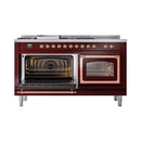 Burgundy range with oven door open, showing lit interior and side heating elements