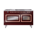 Burgundy dual fuel range front view with two glass oven doors and copper bar handles