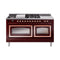 ILVE Nostalgie II Noblesse 60-Inch 5.8 Cu. Ft. Dual Oven Natural Gas Dual Fuel Range with 7 Burners, Griddle, French Top and Triple Glass Door in Burgundy with Copper Trim (UN60FSNMPBUP)