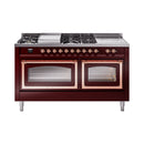 Burgundy dual fuel range with copper-trimmed control panel and two oven doors