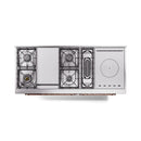 Open-frame view of gas range burners and oven cavity with copper fittings