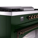 Emerald green range control panel with digital display and bronze oven handle
