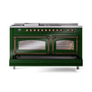 Emerald green range with bronze knobs and two glass-front oven doors