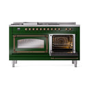 Emerald green range with bronze knobs and both oven doors open