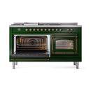 Emerald green range with left oven open, showing burner flames inside.