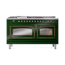 Emerald green range with bronze-trimmed control panel and two glass-front ovens
