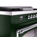 Emerald green range control panel with digital display and chrome burner knobs
