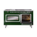 Emerald green dual fuel range with one open oven door and one glass door