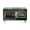 Emerald green range with two open oven compartments and chrome door hardware