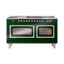 Emerald green dual fuel range with chrome trim, griddle, and two glass oven doors