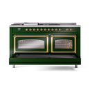 Emerald green dual fuel range with brass trim; both oven doors closed with glass panels.