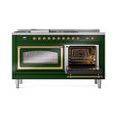 Emerald green dual fuel range with brass trim; left oven door open, right door closed.