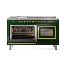 Emerald green dual fuel range with brass trim; both oven doors open, burners visible inside.