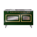 Emerald green dual fuel range with brass trim; both oven doors closed, front view.