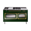 Emerald green dual fuel range with brass trim; cooktop and both glass oven doors shown.