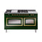 ILVE Nostalgie II Noblesse 60-Inch 5.8 Cu. Ft. Dual Oven Natural Gas Dual Fuel Range with 7 Burners, Griddle, French Top and Triple Glass Door in Emerald Green with Brass Trim (UN60FSNMPEGG)