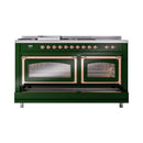 Emerald green dual-fuel range with two glass oven doors and copper trim