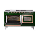 Emerald green range with both oven doors open, showing baking racks and burners