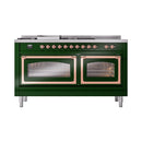 Emerald green range with two closed oven doors and row of copper burner knobs