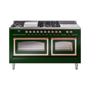 Emerald green dual-fuel range with cooktop burners, griddle, and two oven doors