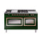 ILVE Nostalgie II Noblesse 60-Inch 5.8 Cu. Ft. Dual Oven Propane Gas Dual Fuel Range with 7 Burners, Griddle, French Top and Triple Glass Door in Emerald Green with Copper Trim (UN60FSNMPEGPLP)