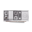 Emerald green dual-fuel range with exposed burner modules and control knobs