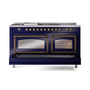 Midnight blue dual fuel range with bronze-trim oven doors and visible interior grates