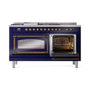 Midnight blue dual fuel range with one oven open and lit interior, bronze-trim doors