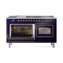 Midnight blue range with both ovens open, racks inside, and bronze trim