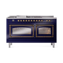 Midnight blue dual-oven range front with two closed glass doors and bronze trim