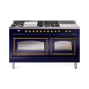 Midnight blue range top with burner grates, griddle, and French top