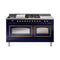 ILVE Nostalgie II Noblesse 60-Inch 5.8 Cu. Ft. Dual Oven Natural Gas Dual Fuel Range with 7 Burners, Griddle, French Top and Triple Glass Door in Midnight Blue with Burnished Bronze Trim (UN60FSNMPMBB)