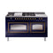 ILVE Nostalgie II Noblesse 60-Inch 5.8 Cu. Ft. Dual Oven Propane Gas Dual Fuel Range with 7 Burners, Griddle, French Top and Triple Glass Door in Midnight Blue with Burnished Bronze Trim (UN60FSNMPMBBLP)